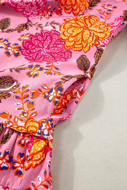 Floral Pink Ruffle Mini Dress with Bubble Sleeves and V-Neck