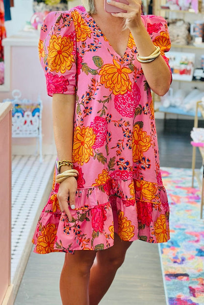 Floral Pink Ruffle Mini Dress with Bubble Sleeves and V-Neck