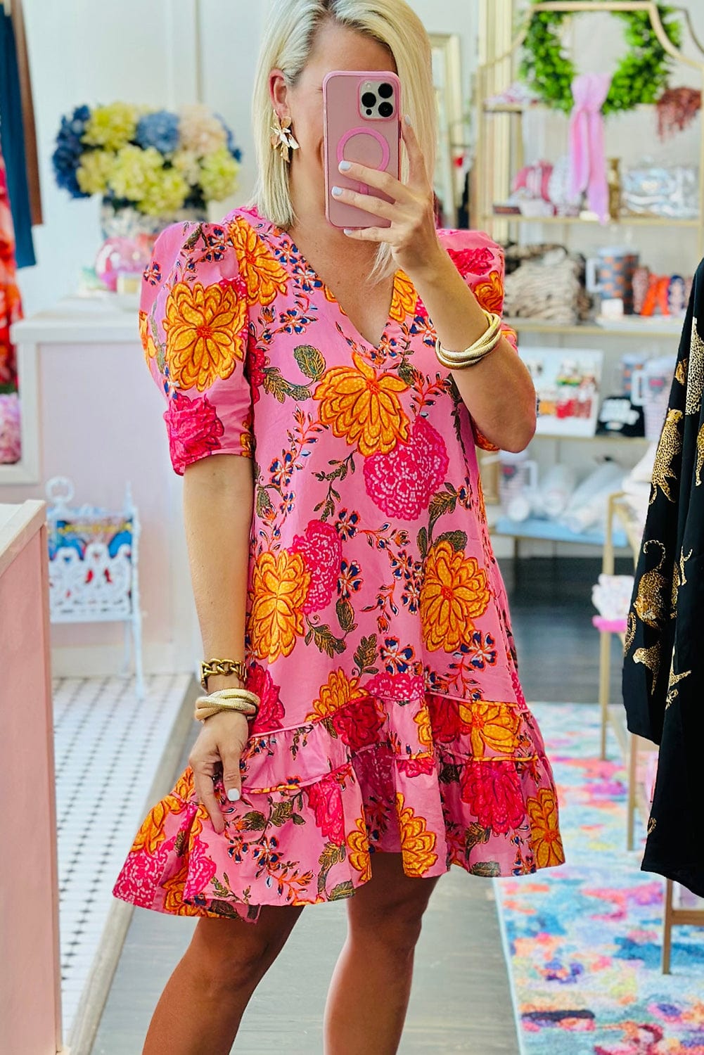 Floral Pink Ruffle Mini Dress with Bubble Sleeves and V-Neck