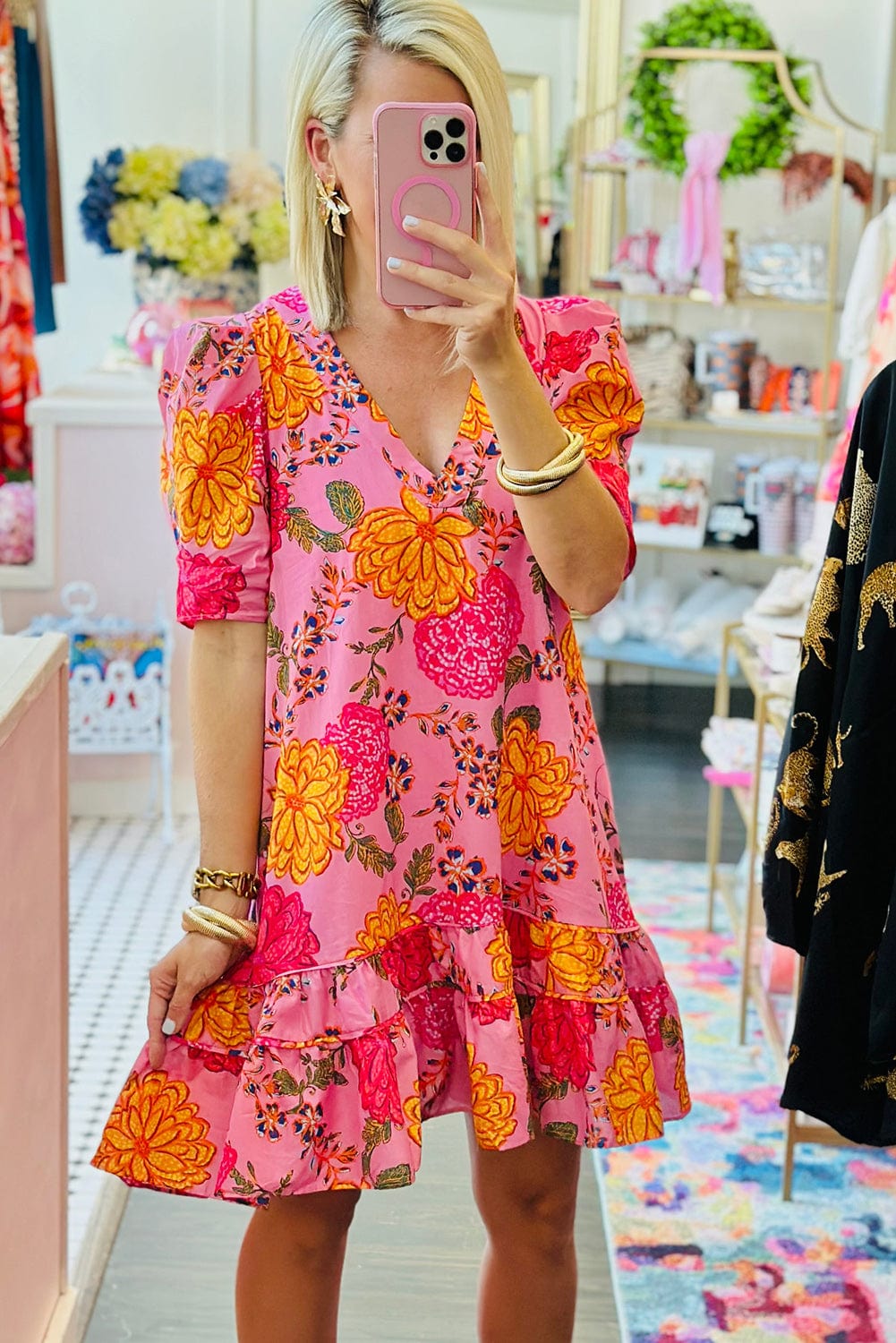 Floral Pink Ruffle Mini Dress with Bubble Sleeves and V-Neck