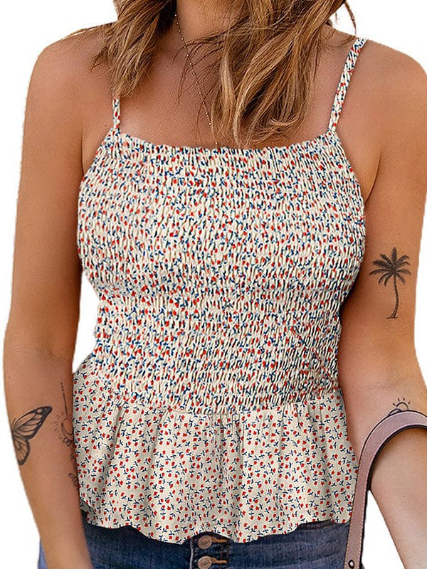 Floral Pleated Camisole Top with High Waist - Stylish Slim Fit Sling Vest for Women