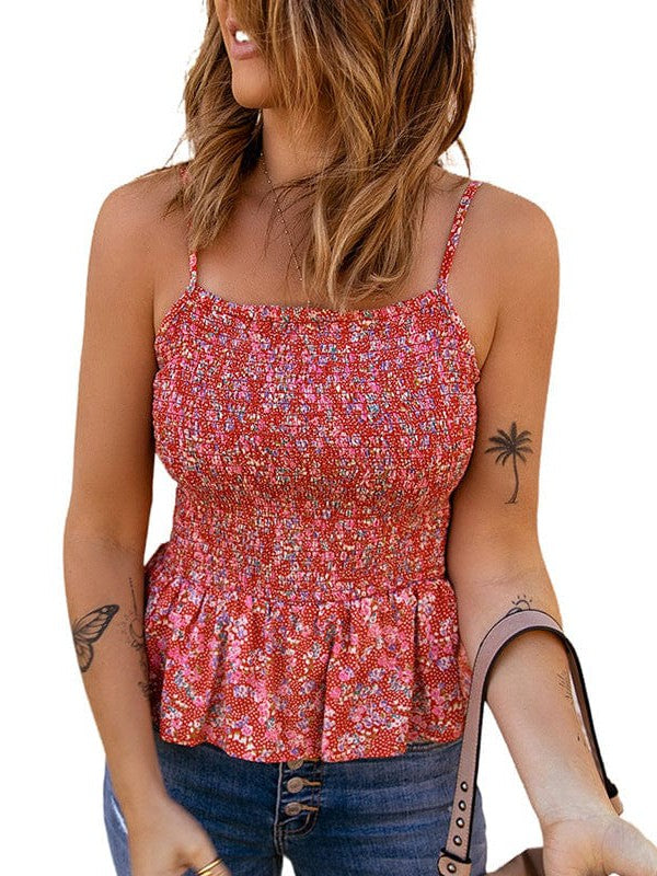 Floral Pleated Camisole Top with High Waist - Stylish Slim Fit Sling Vest for Women