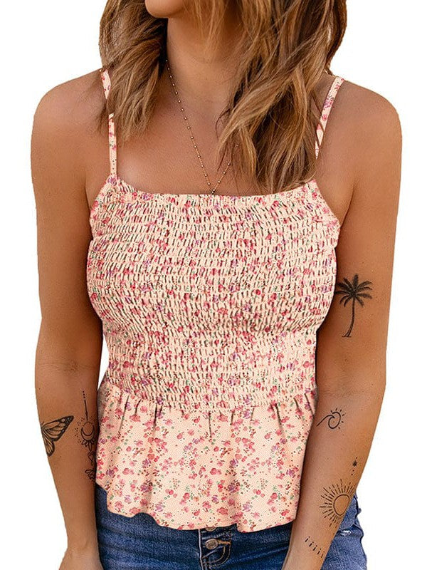 Floral Pleated Camisole Top with High Waist - Stylish Slim Fit Sling Vest for Women
