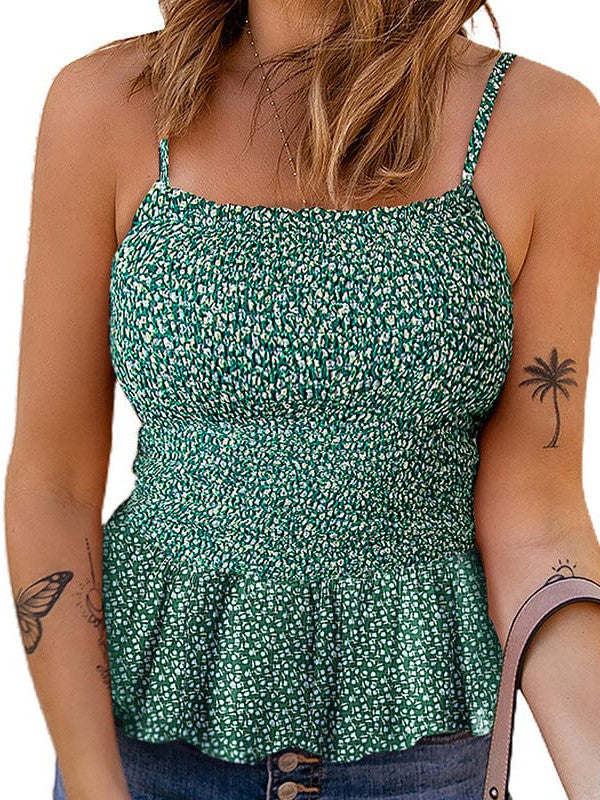 Floral Pleated Camisole Top with High Waist - Stylish Slim Fit Sling Vest for Women