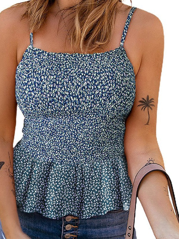 Floral Pleated Camisole Top with High Waist - Stylish Slim Fit Sling Vest for Women