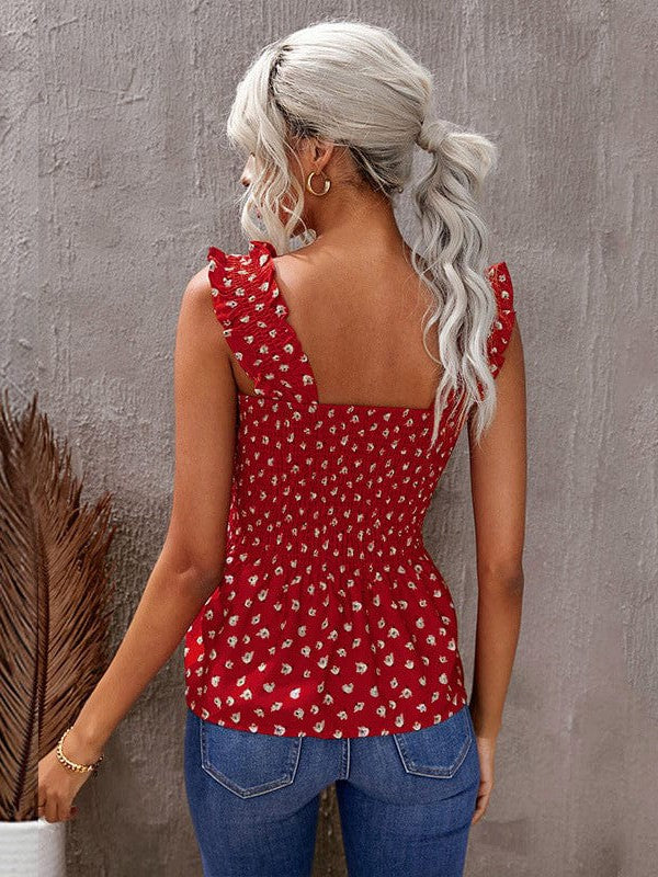 Floral Pleated Sleeveless Top with Slim Fit Pullover Style