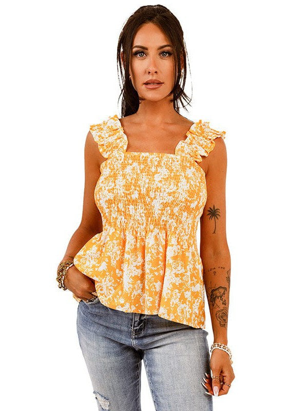 Floral Pleated Sleeveless Top with Slim Fit Pullover Style