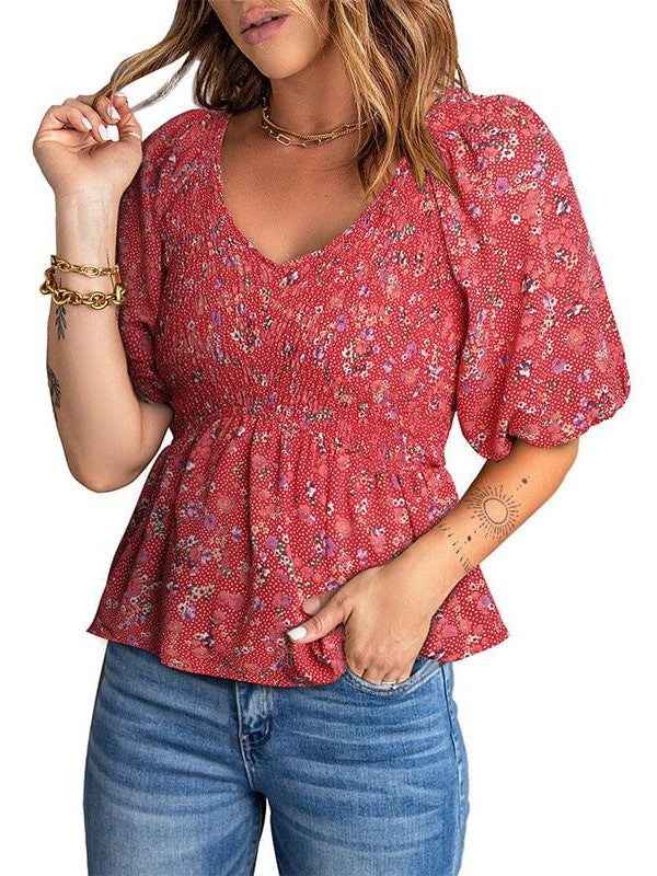 Floral Pleated V-Neck Chiffon Blouse with Puff Sleeves for Women