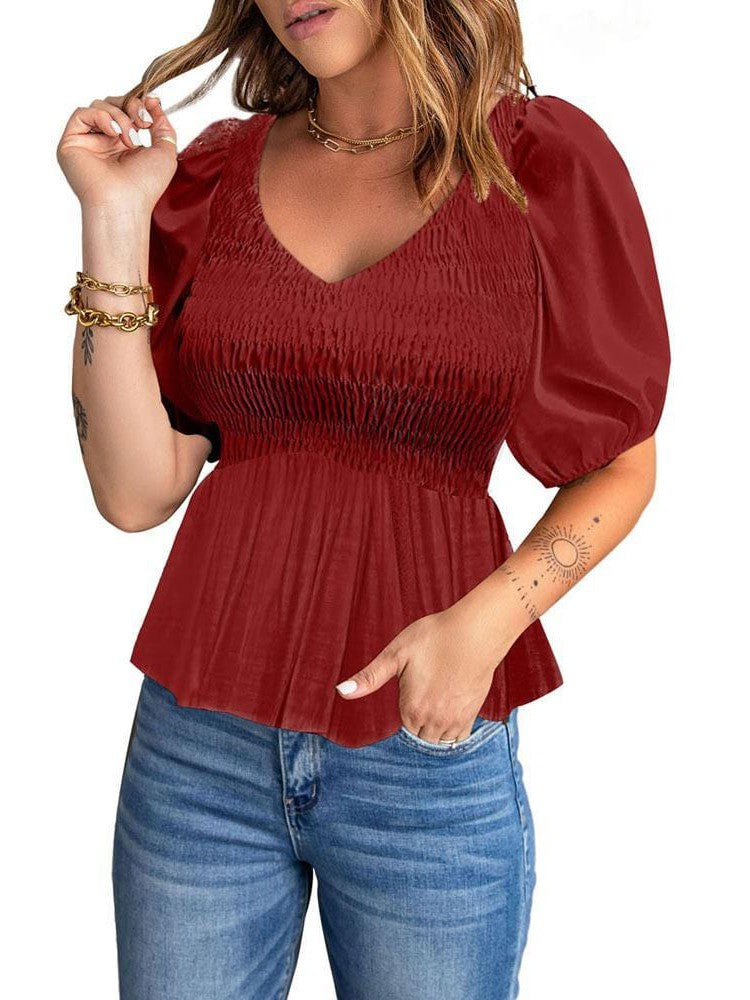 Floral Pleated V-Neck Chiffon Blouse with Puff Sleeves for Women