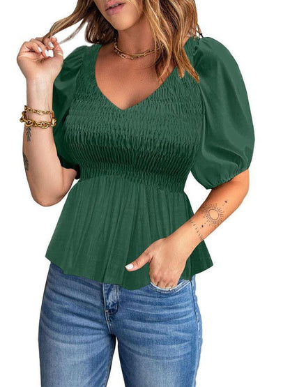 Floral Pleated V-Neck Chiffon Blouse with Puff Sleeves for Women