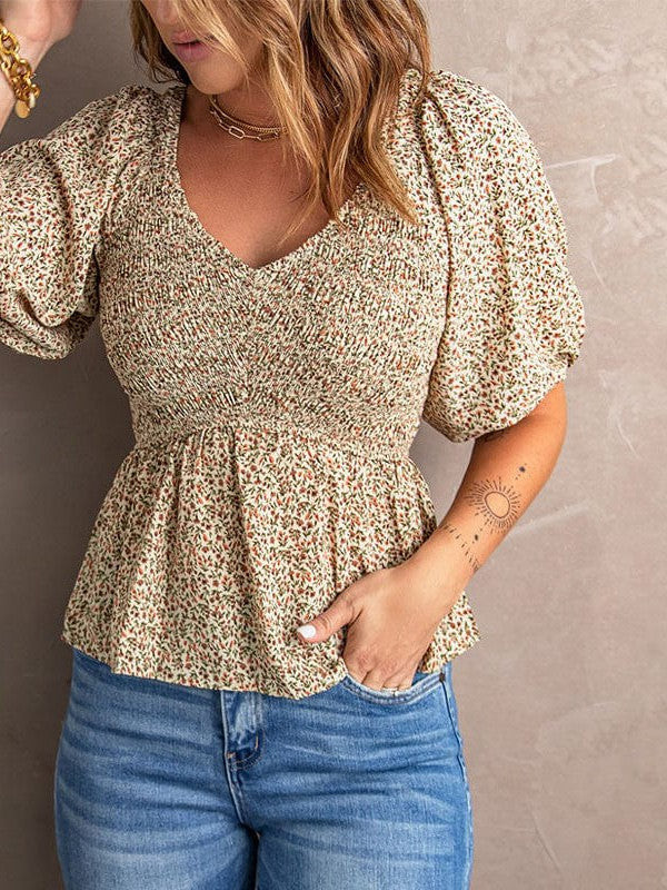 Floral Pleated V-Neck Chiffon Blouse with Puff Sleeves for Women