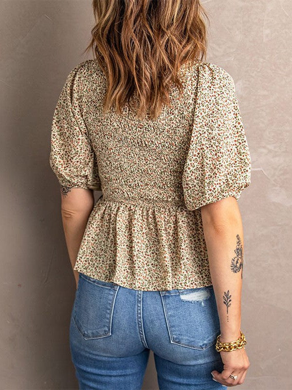 Floral Pleated V-Neck Chiffon Blouse with Puff Sleeves for Women