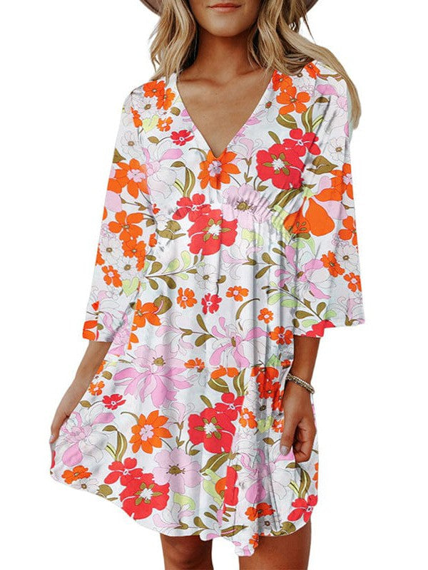 Floral Princess V Neck Dress with High Waist Silhouette