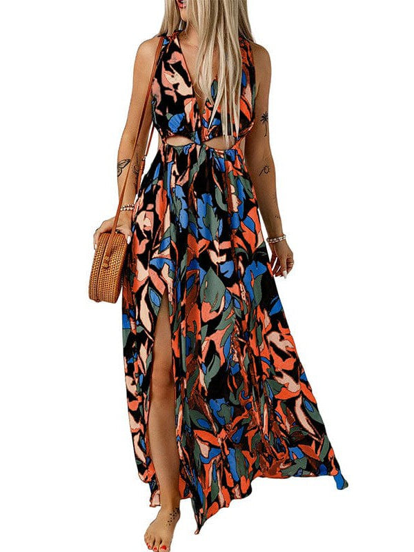 Floral Print Backless High Slit Maxi Skirt Dress
