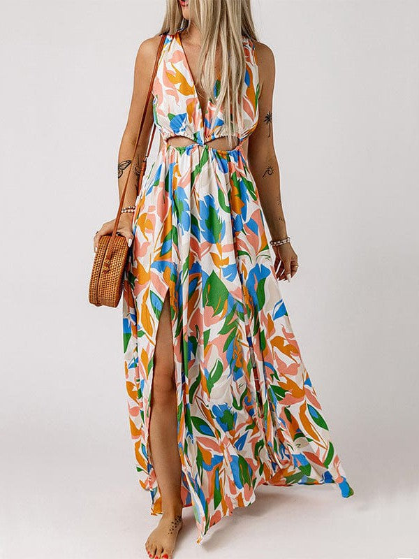 Floral Print Backless High Slit Maxi Skirt Dress