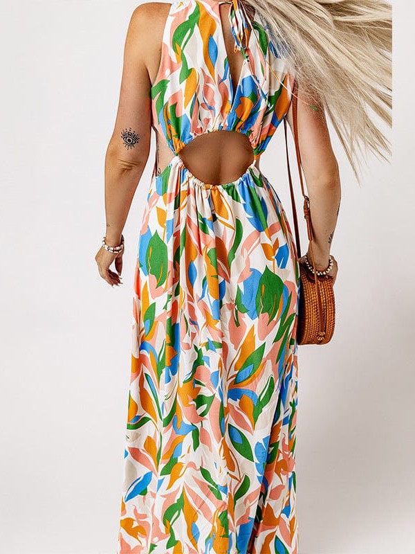 Floral Print Backless High Slit Maxi Skirt Dress