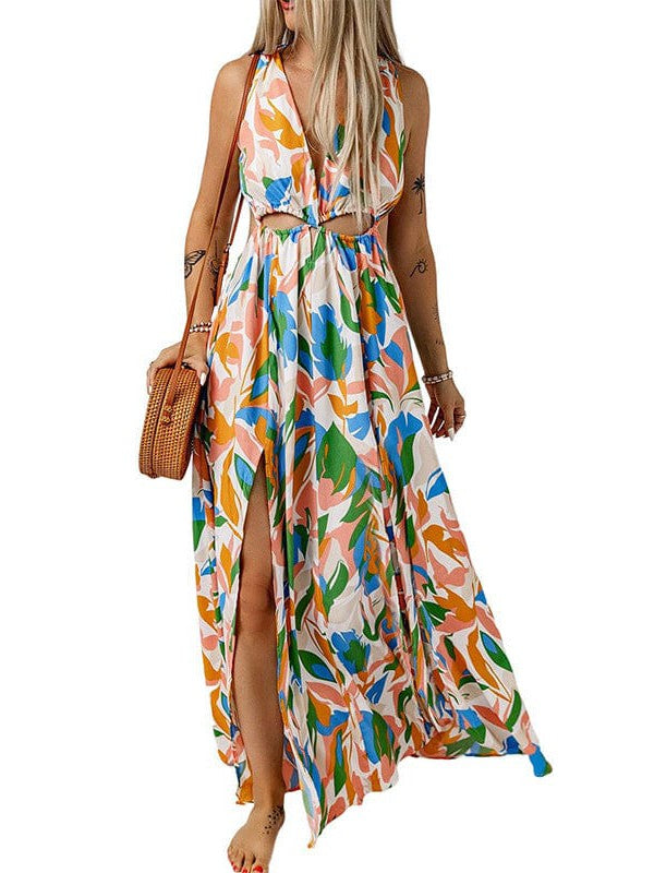 Floral Print Backless High Slit Maxi Skirt Dress