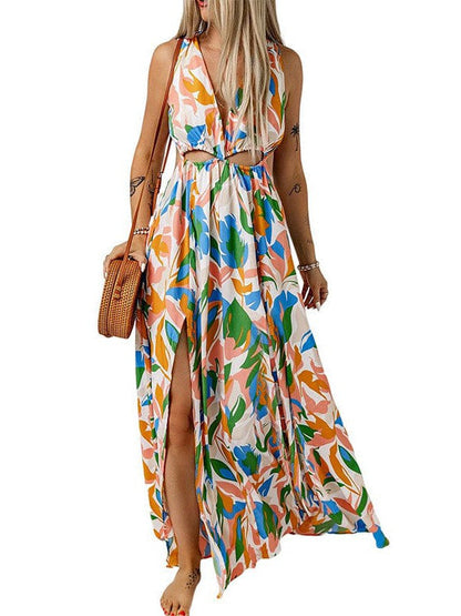 Floral Print Backless High Slit Maxi Skirt Dress