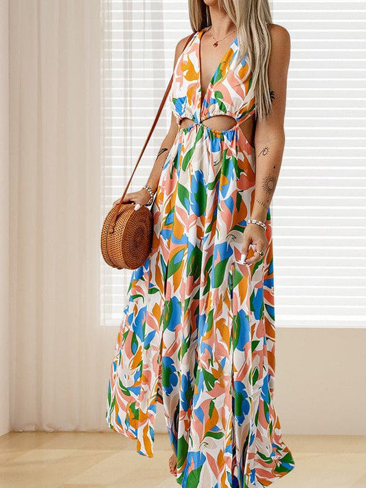 Floral Print Backless High Slit Maxi Skirt Dress