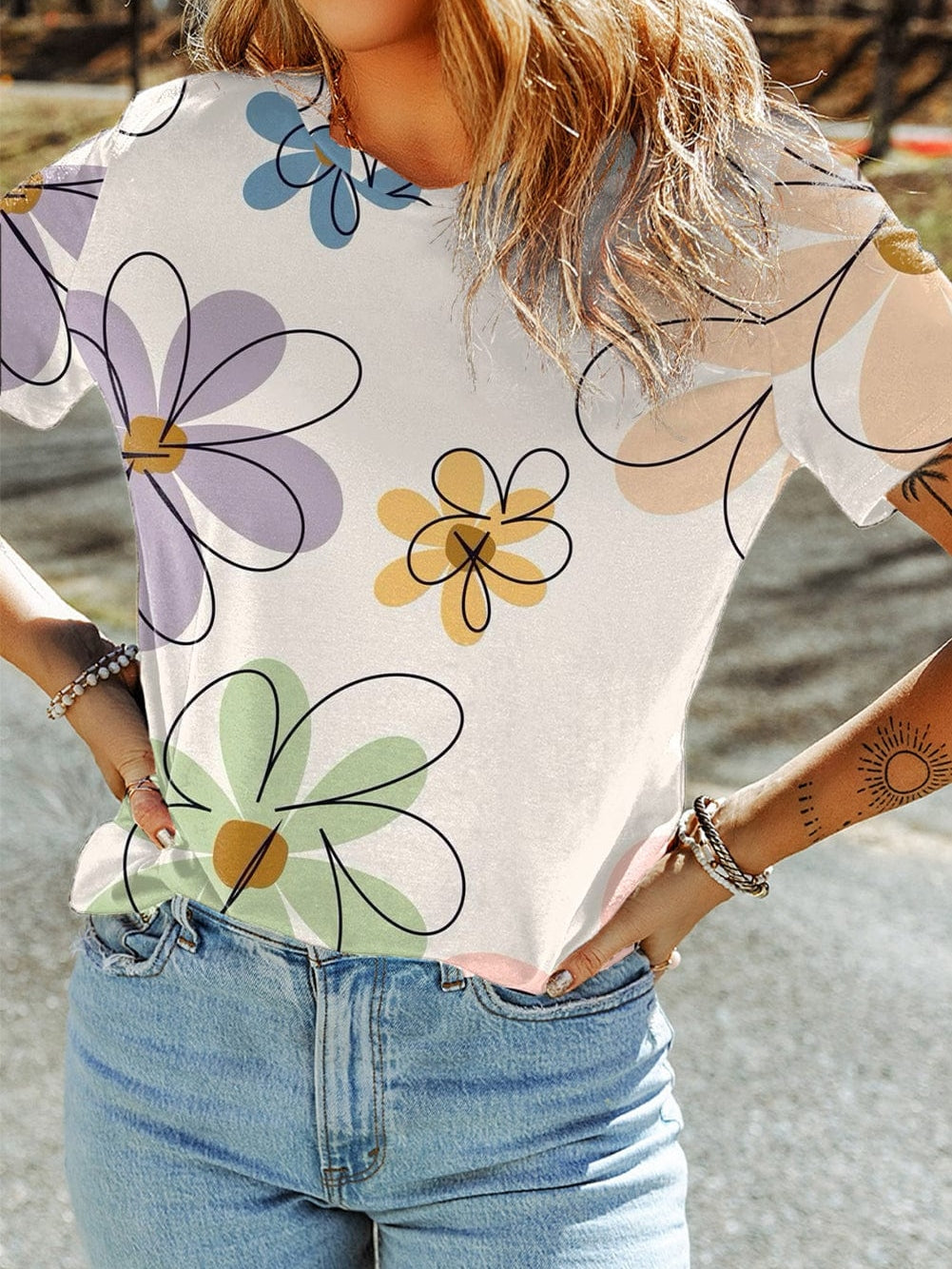 Floral Print Beige Summer Casual Tee