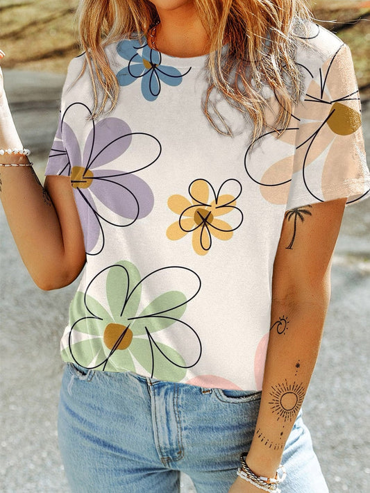 Floral Print Beige Summer Casual Tee