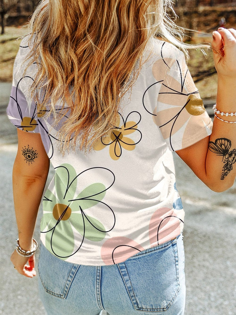 Floral Print Beige Summer Casual Tee