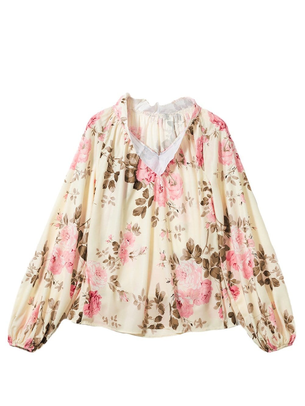 Floral Print Beige V-Neck Blouse with Lantern Sleeves
