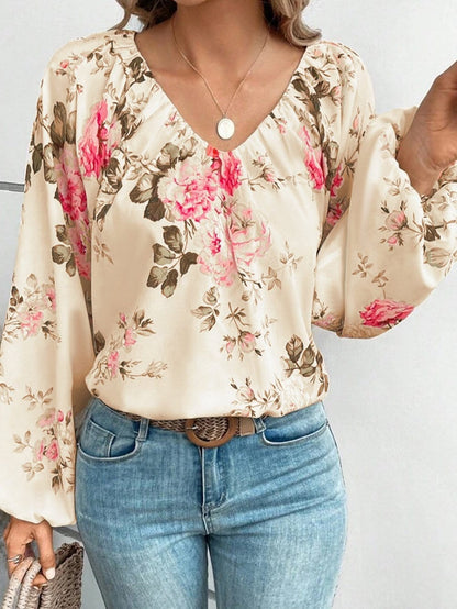 Floral Print Beige V-Neck Blouse with Lantern Sleeves