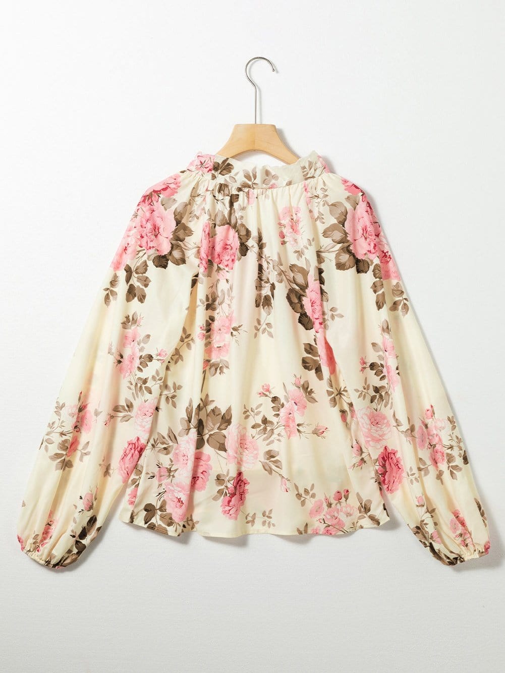 Floral Print Beige V-Neck Blouse with Lantern Sleeves