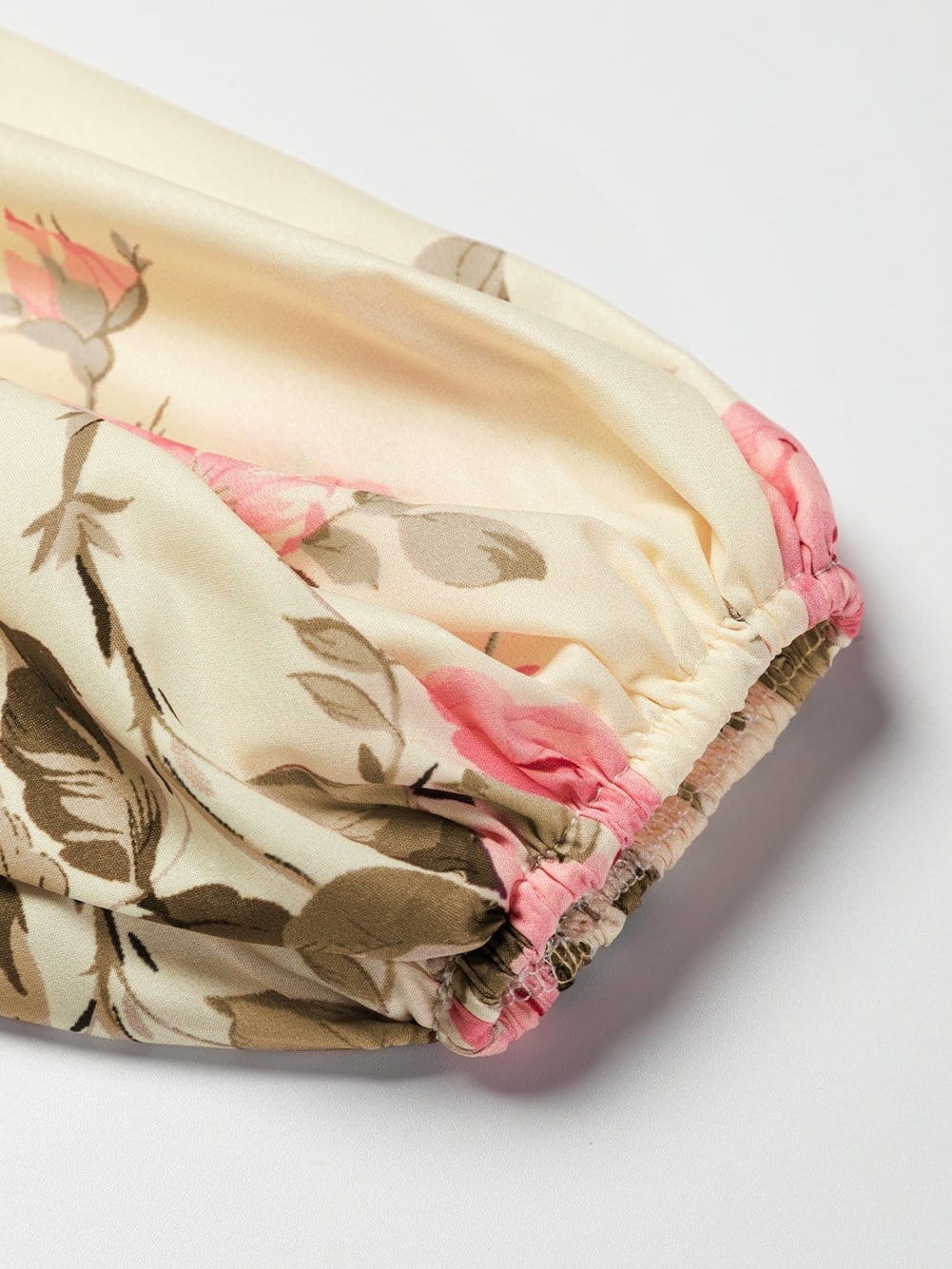 Floral Print Beige V-Neck Blouse with Lantern Sleeves