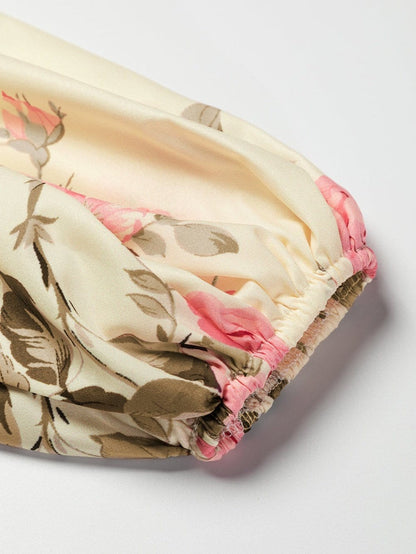 Floral Print Beige V-Neck Blouse with Lantern Sleeves