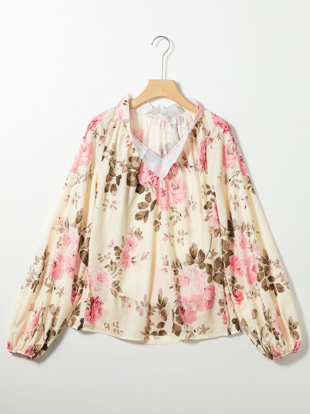Floral Print Beige V-Neck Blouse with Lantern Sleeves