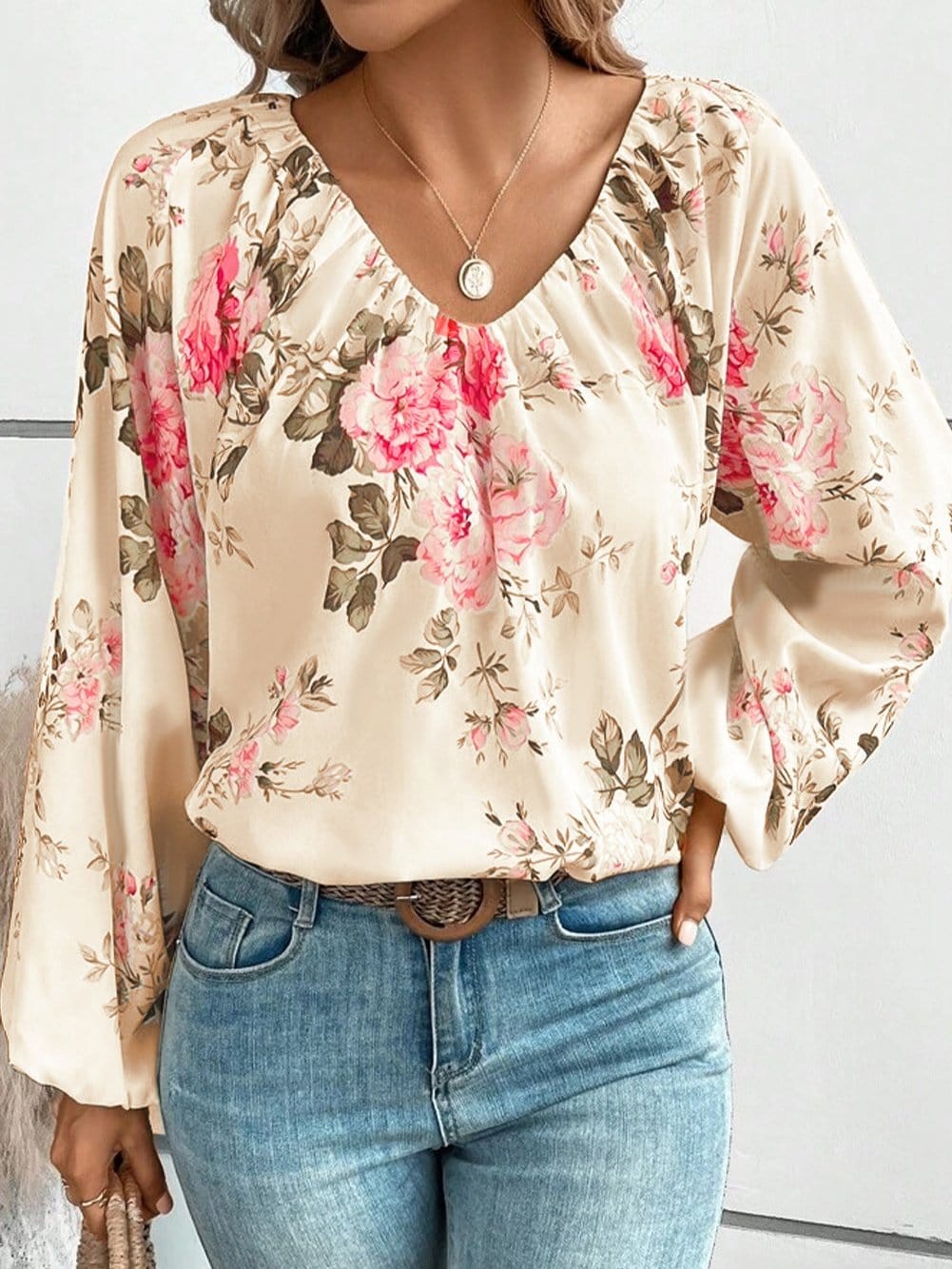Floral Print Beige V-Neck Blouse with Lantern Sleeves