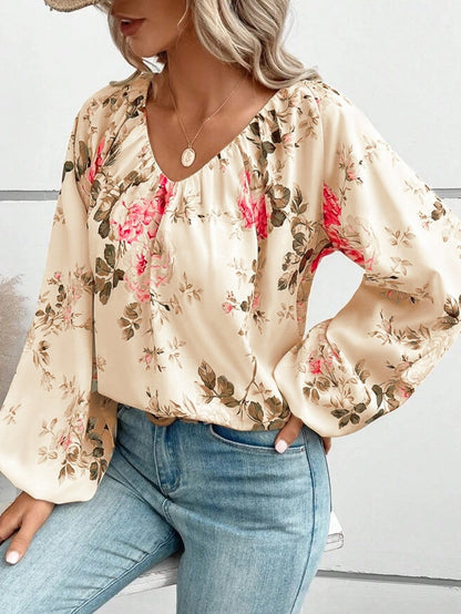 Floral Print Beige V-Neck Blouse with Lantern Sleeves