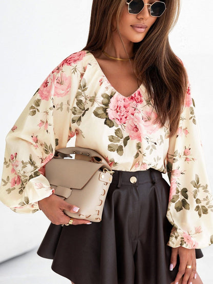 Floral Print Beige V-Neck Blouse with Lantern Sleeves