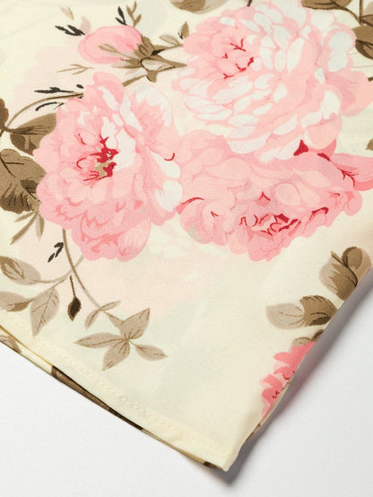 Floral Print Beige V-Neck Blouse with Lantern Sleeves