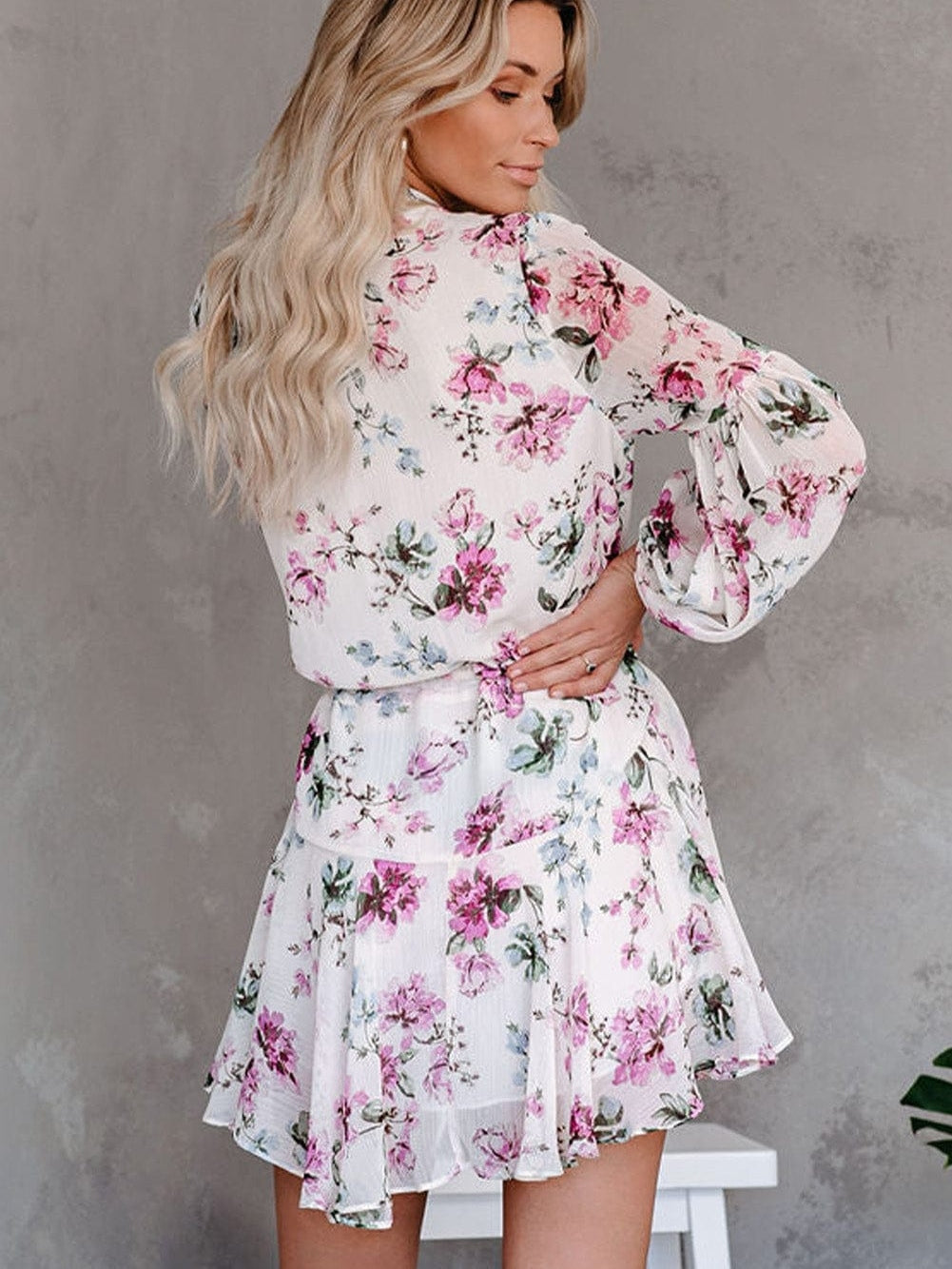 Floral Print Bishop Sleeve White Dress with Drawstring Waist
