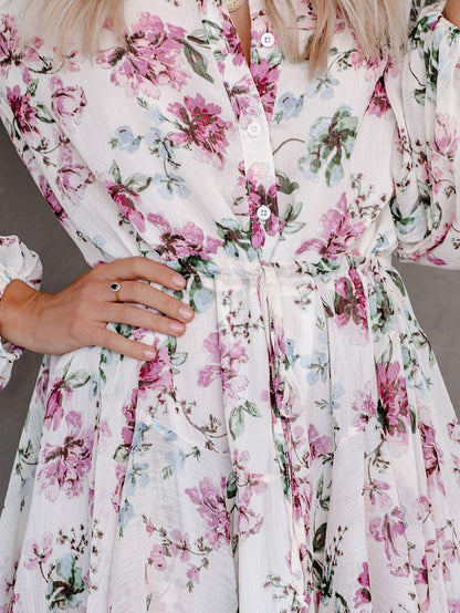 Floral Print Bishop Sleeve White Dress with Drawstring Waist