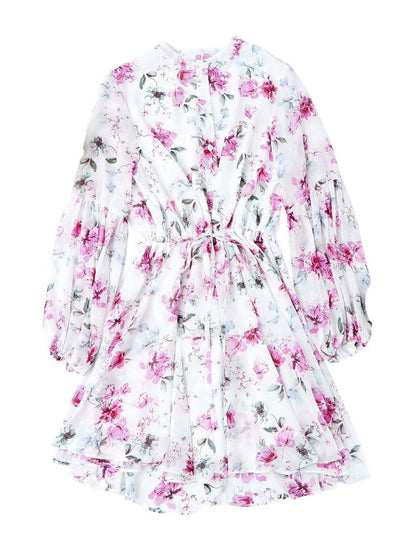 Floral Print Bishop Sleeve White Dress with Drawstring Waist