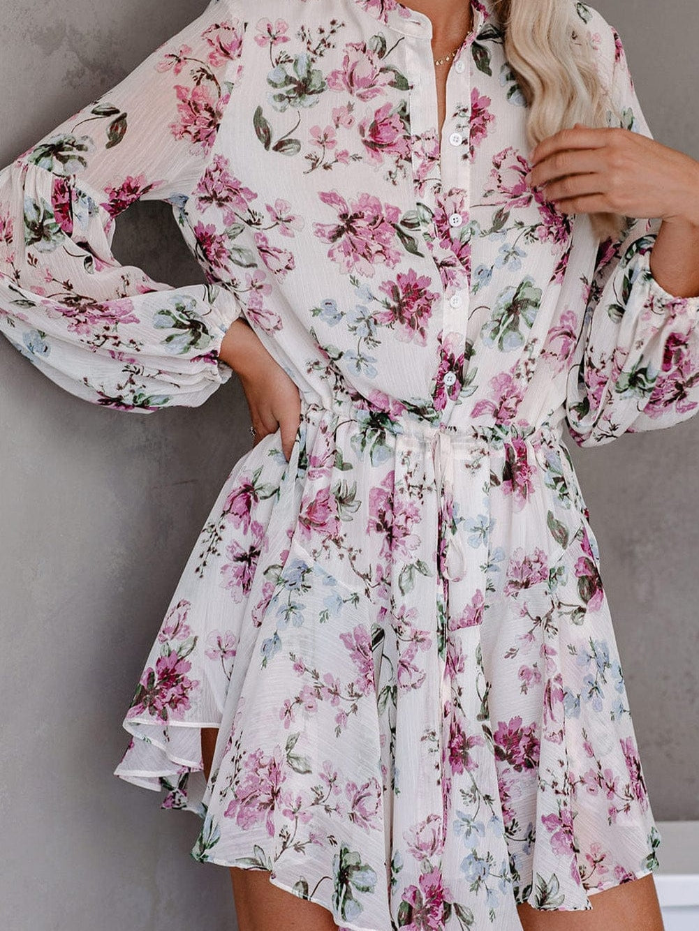 Floral Print Bishop Sleeve White Dress with Drawstring Waist