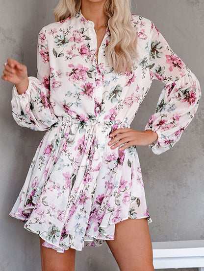 Floral Print Bishop Sleeve White Dress with Drawstring Waist
