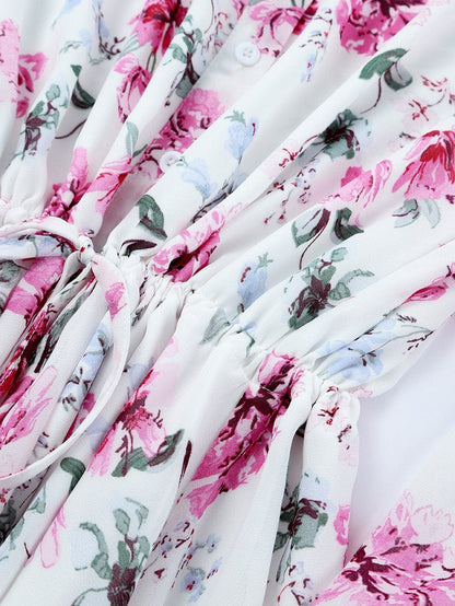 Floral Print Bishop Sleeve White Dress with Drawstring Waist