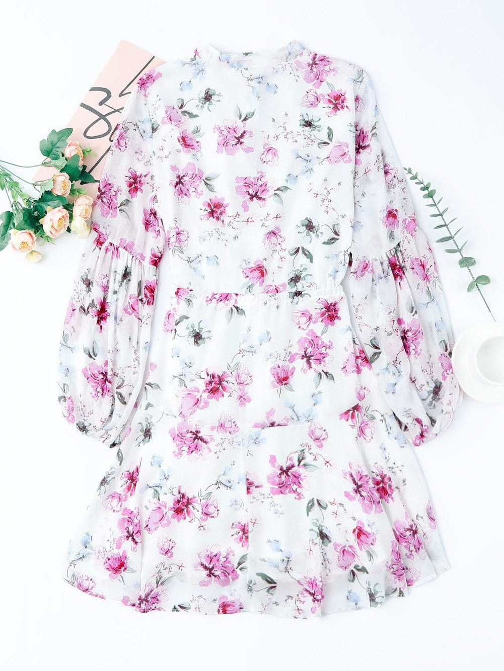 Floral Print Bishop Sleeve White Dress with Drawstring Waist