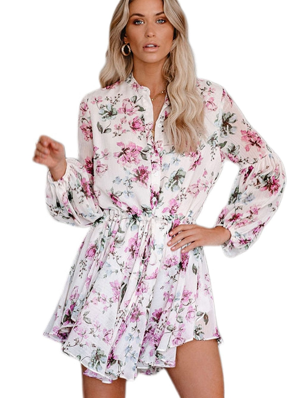 Floral Print Bishop Sleeve White Dress with Drawstring Waist