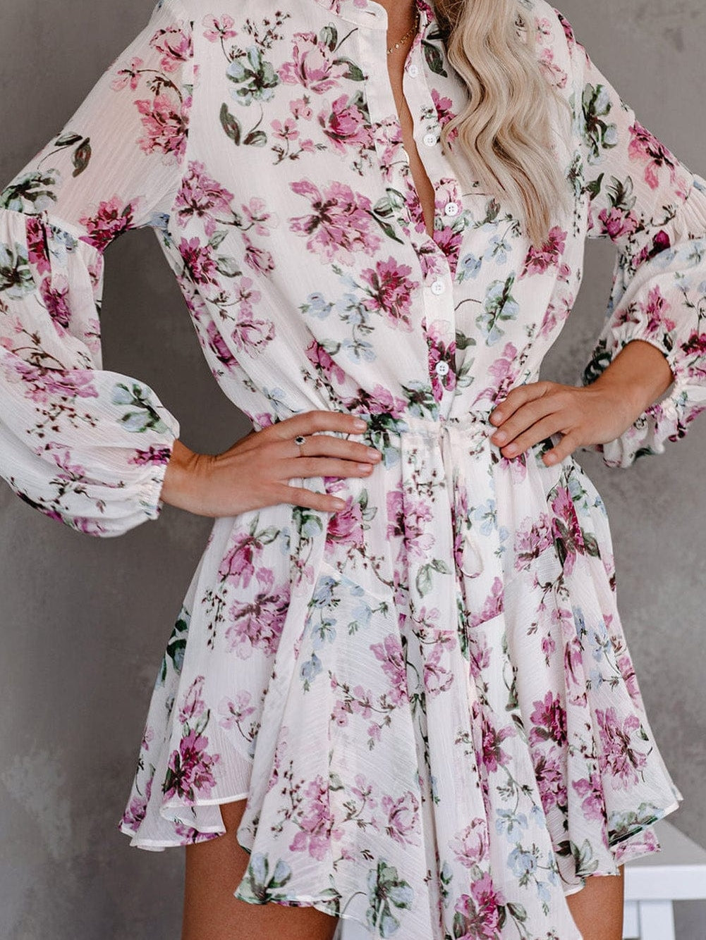Floral Print Bishop Sleeve White Dress with Drawstring Waist