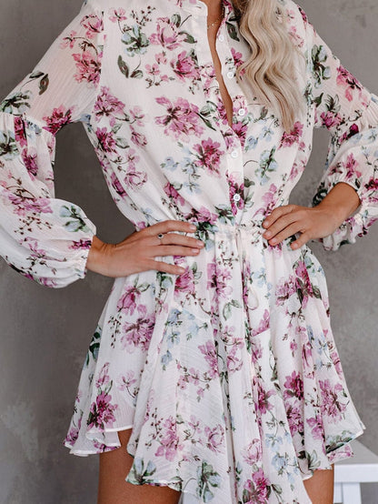Floral Print Bishop Sleeve White Dress with Drawstring Waist