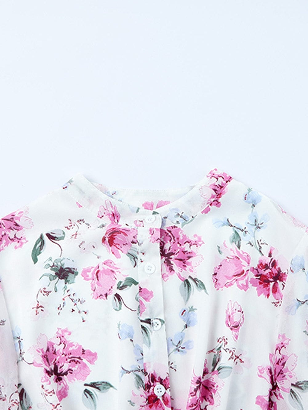 Floral Print Bishop Sleeve White Dress with Drawstring Waist