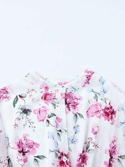 Floral Print Bishop Sleeve White Dress with Drawstring Waist