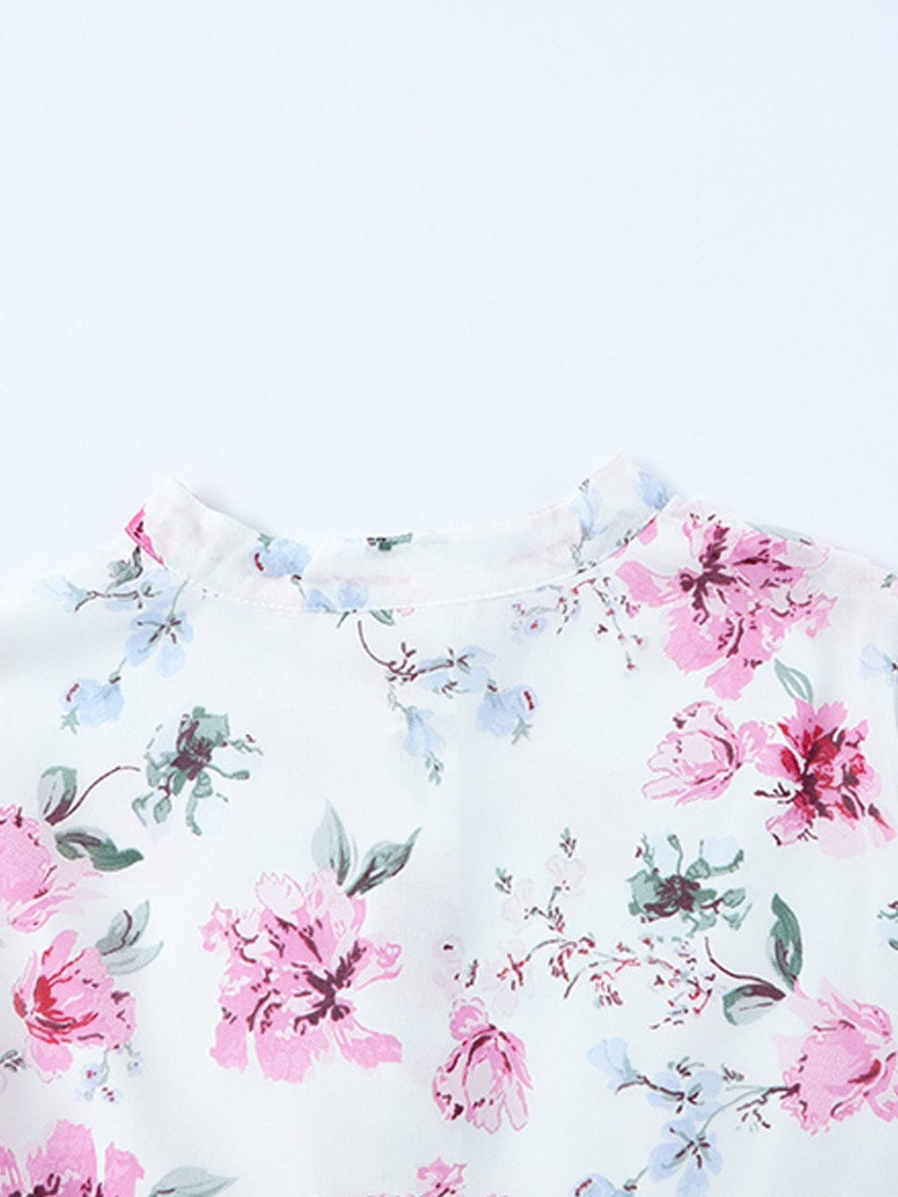 Floral Print Bishop Sleeve White Dress with Drawstring Waist