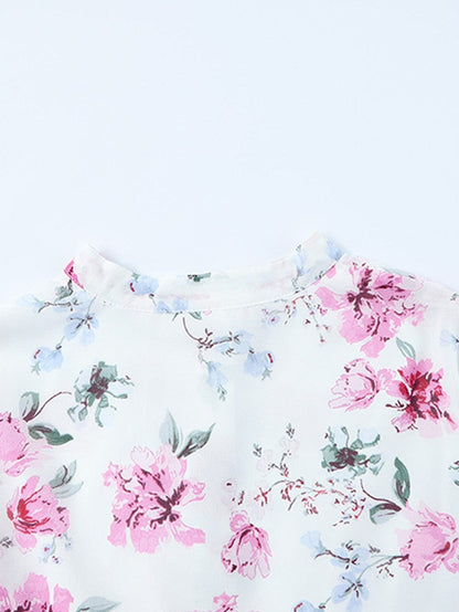 Floral Print Bishop Sleeve White Dress with Drawstring Waist
